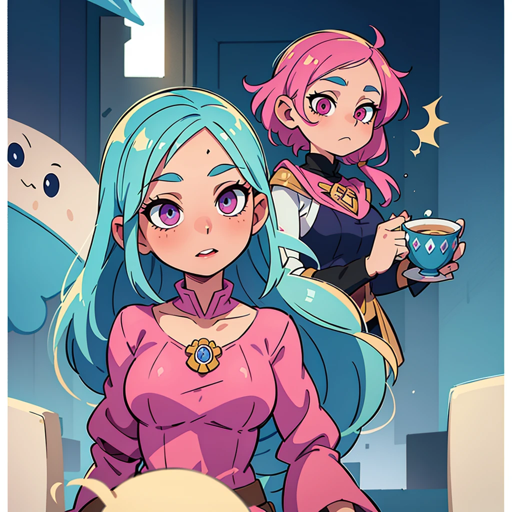 ((best quality, masterpiece)), Young woman, kravye, pink eyes blue hair, beautiful eyes sorceress, magic, Hogwarts, magic