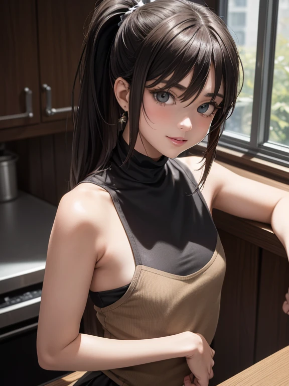 (masterpiece、top quality、top quality、official art、Nice and beautiful:1.2)、(one cute 18 year old girl with small красивый пропорциональный breasts:1.3), beautiful proportional model figure;  long straight red hair, grabbed with tape on one side in a small ponytail; beautiful realistic greenish brown eyes, big and expressive, gentle kind look.., (Best quality, masterpiece),  upper body, She has a beautiful nose and soft tasty lips, nice smile. Slender model with a graceful physique, She is wearing a beige sleeveless vest, she wants to appear strong, domineering, cold, dangerous and aggressive, radiates inaccessibility, but in fact she is a sweet and kind girl who is ready to help anyone, girl-contradiction; In the kitchen of the women&#39;s student dormitory in the morning, high quality textures of realistic human skin, Beautiful realistic face, proportionate slim physique, 