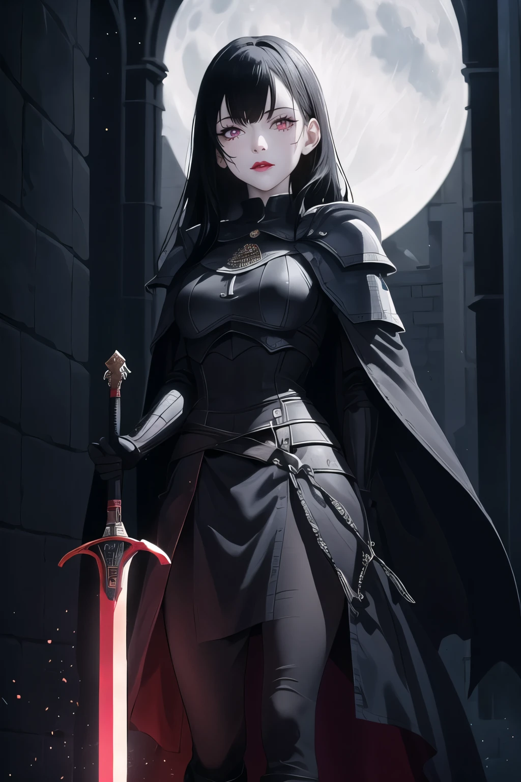 full body portrait, 1girl, solo, (long black hair), detailed face, mischief expression, pale white skin, pink eyes, detailed eyes, long eyelashes, black eye liner, red lipstick, black tunic, red cloak, long dress, leather glove, (hold sword), (chest armor), moonlight, hard lighting, blue light, cold light, (medieval theme), (masterpiece), super detailed, best quality, POV