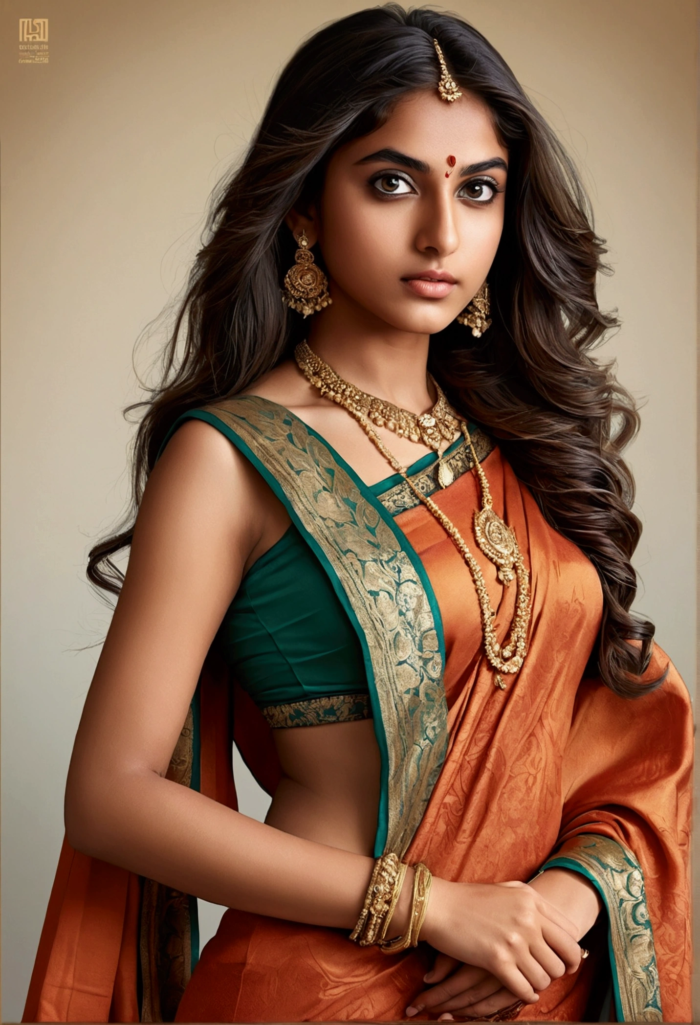 Centered portrait of an ultra-detailed 20-year-old girl wearing saree dress, looking into the camera, intricate, elegant, super highly detailed, smooth, sharp focus, full legs and face composition of provocative seductive, with long hair, incredible tan legs, and symmetrical magnificent eyes, antiport style, digital illustration, comic style, perfect anatomy, centered, approaching perfection, seductive, provocative, dynamic, highly detailed, art station, sexy, exposed skin revealed ,