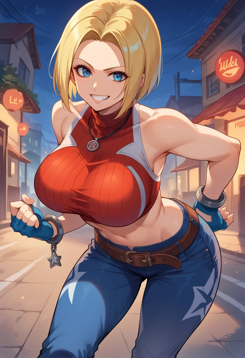 score_9, score_8_up, score_7_up, 1girl, solo, BlueMary, short hair, blue eyes,pants, crop top, turtleneck, belt, large breasts, necklace,fingerless gloves, standing, cuffs on the hips, leaning forward, grin, star on pant, standing, looking at you, night, street, illimunated city
