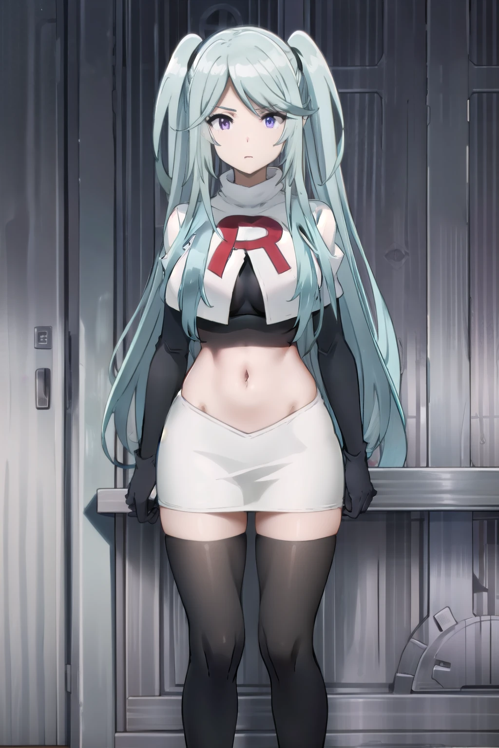 tall body, tall, long legs, mature female, mature, adult, simple background,
eft_eminence_epil, 1girl, twintails, purple eyes, long hair, looking at viewer, solo focus, bangs, blue hair, indoors, very long hair, breasts, sidelocks, team rocket,team rocket uniform,white skirt,red letter R,crop top,black thigh-highs,black elbow gloves