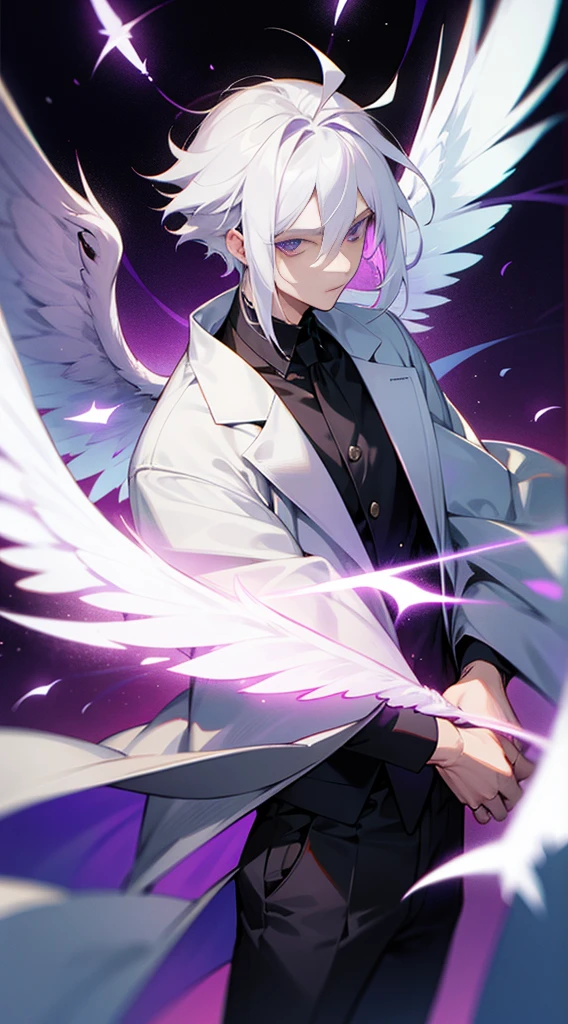 26-year old male white hair and purple eyes with wings