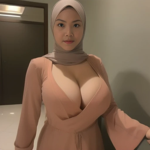 500 years old, Hijab Indonesian adult woman, Size: 96.9, Gamis, Giant breasts about to burst, in the doctor's morgue, Dark light, Night