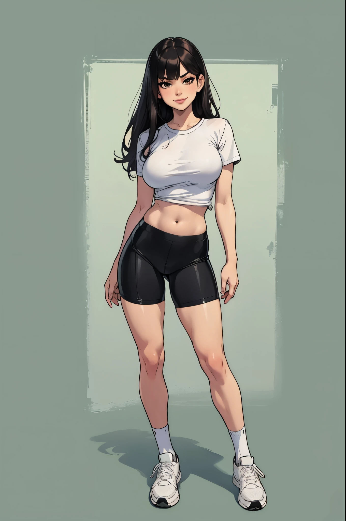 green solid background, 1 woman, best quality, ultra high res, full lips, long hair, bangs, black hair, Asian brown eyes, bike shorts, sneakers, white socks, toned tummy, blank white t-shirt, short sleeves, smirk at viewers, double D breast, standing, full body