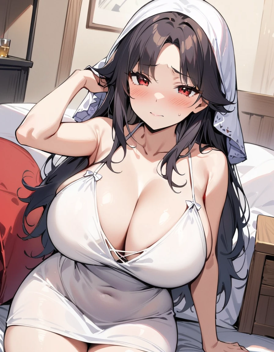 ((Best Quality)), ((masterpiece)), (detailed), 1 girl, black hair, long, Hair covers half of the face, Red eyes, big breasts, big thighs, shy expression, blushing, gray skin, White dress, at home, acostada en una cama, tapándose la mitad del rostro con una almohada