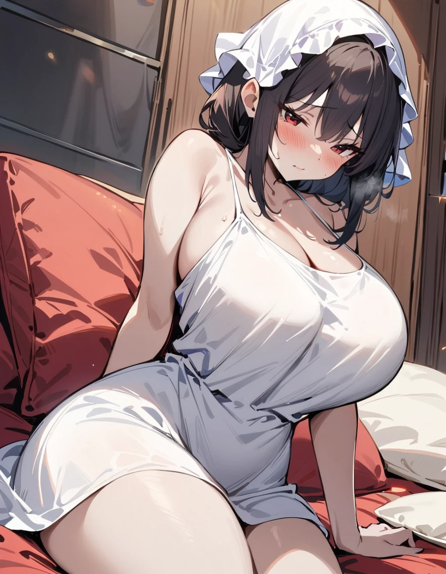 ((Best Quality)), ((masterpiece)), (detailed), 1 girl, black hair, long, Hair covers half of the face, Red eyes, big breasts, big thighs, shy expression, blushing, gray skin, White dress, at home, acostada en una cama, tapándose la mitad del rostro con una almohada