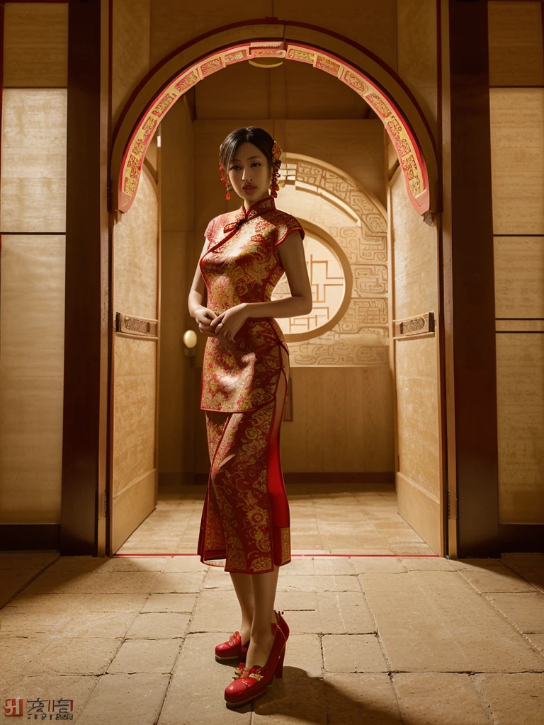 HD magazines，(((Standing in a traditional circular doorway, an 35-year-old Chinese model wearing a traditional Chinese red cheongsam：1.3)))，Full body photo，High-definition and detailed faces， (((Realistic detail expressions：1.3)))，Sony SLR lens，Shoot at medium distance，light，hyper quality