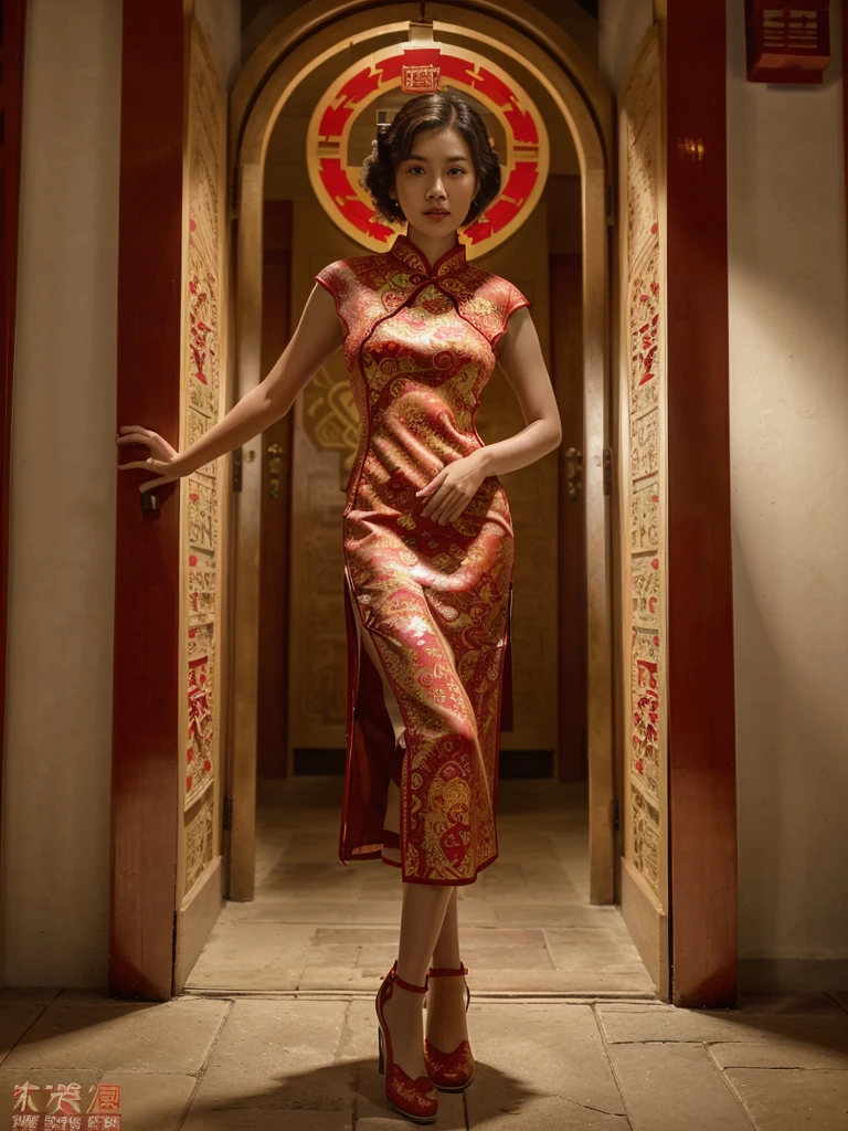 HD magazines，(((Standing in a traditional circular doorway, an 35-year-old Chinese model wearing a traditional Chinese red cheongsam：1.3)))，Full body photo，High-definition and detailed faces， (((Realistic detail expressions：1.3)))，Sony SLR lens，Shoot at medium distance，light，hyper quality