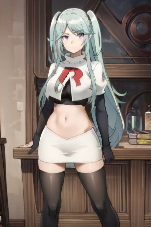 tall body, tall, long legs, mature female, mature, adult, simple background,
 eft_eminence_epil, 1girl, twintails, purple eyes, long hair, looking at viewer, solo focus, bangs, blue hair, indoors, very long hair, breasts, sidelocks, team rocket,team rocket uniform,white skirt,red letter R,crop top,black thigh-highs,black elbow gloves