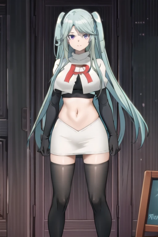 tall body, tall, long legs, mature female, mature, adult, simple background,
 eft_eminence_epil, 1girl, twintails, purple eyes, long hair, looking at viewer, solo focus, bangs, blue hair, indoors, very long hair, breasts, sidelocks, team rocket,team rocket uniform,white skirt,red letter R,crop top,black thigh-highs,black elbow gloves