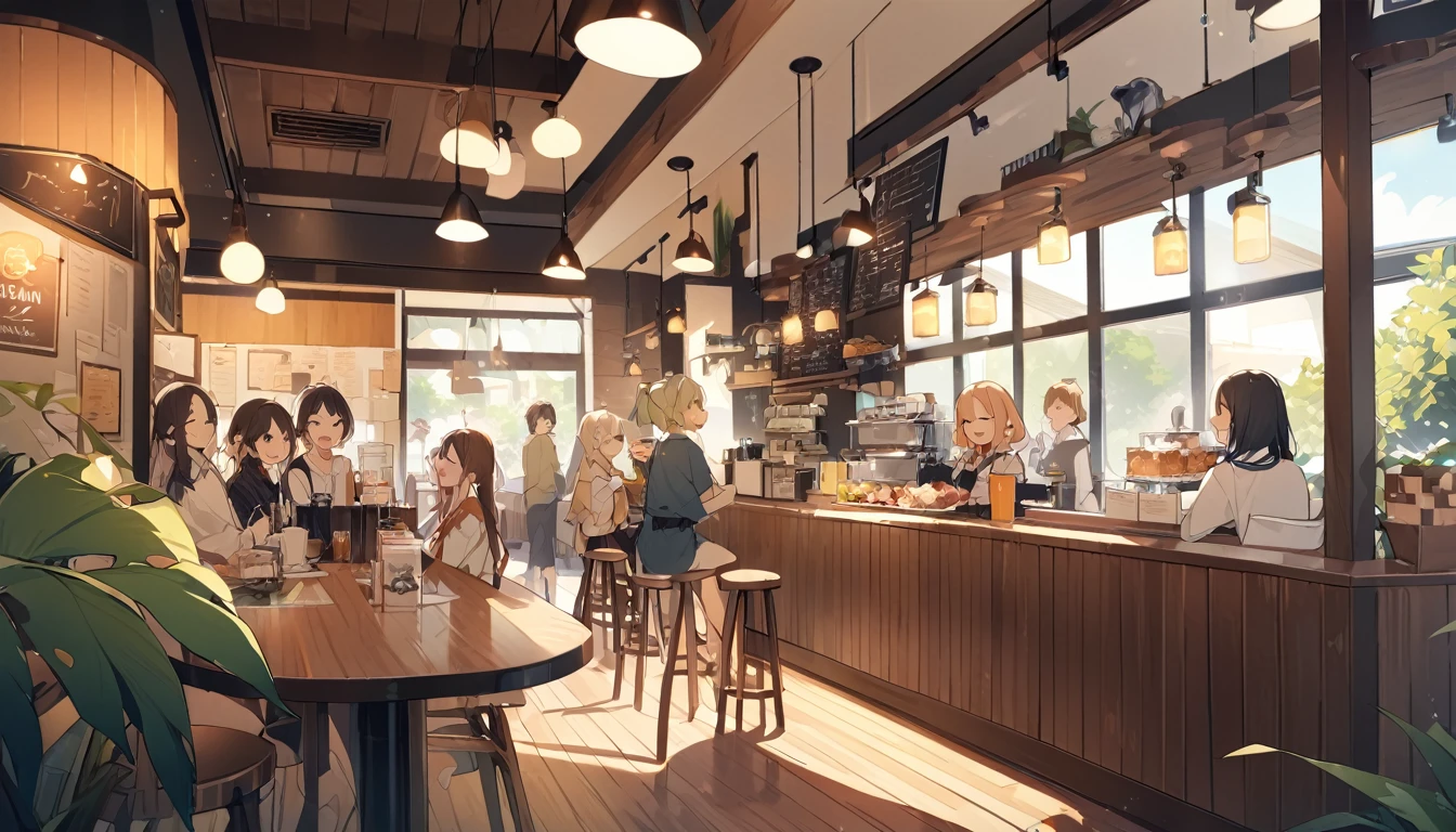 ((woman)), people々, Happy, High resolution, High resolution, 4K,Cafe,5peopleの,indoor,Drink,pixiv,Standing food