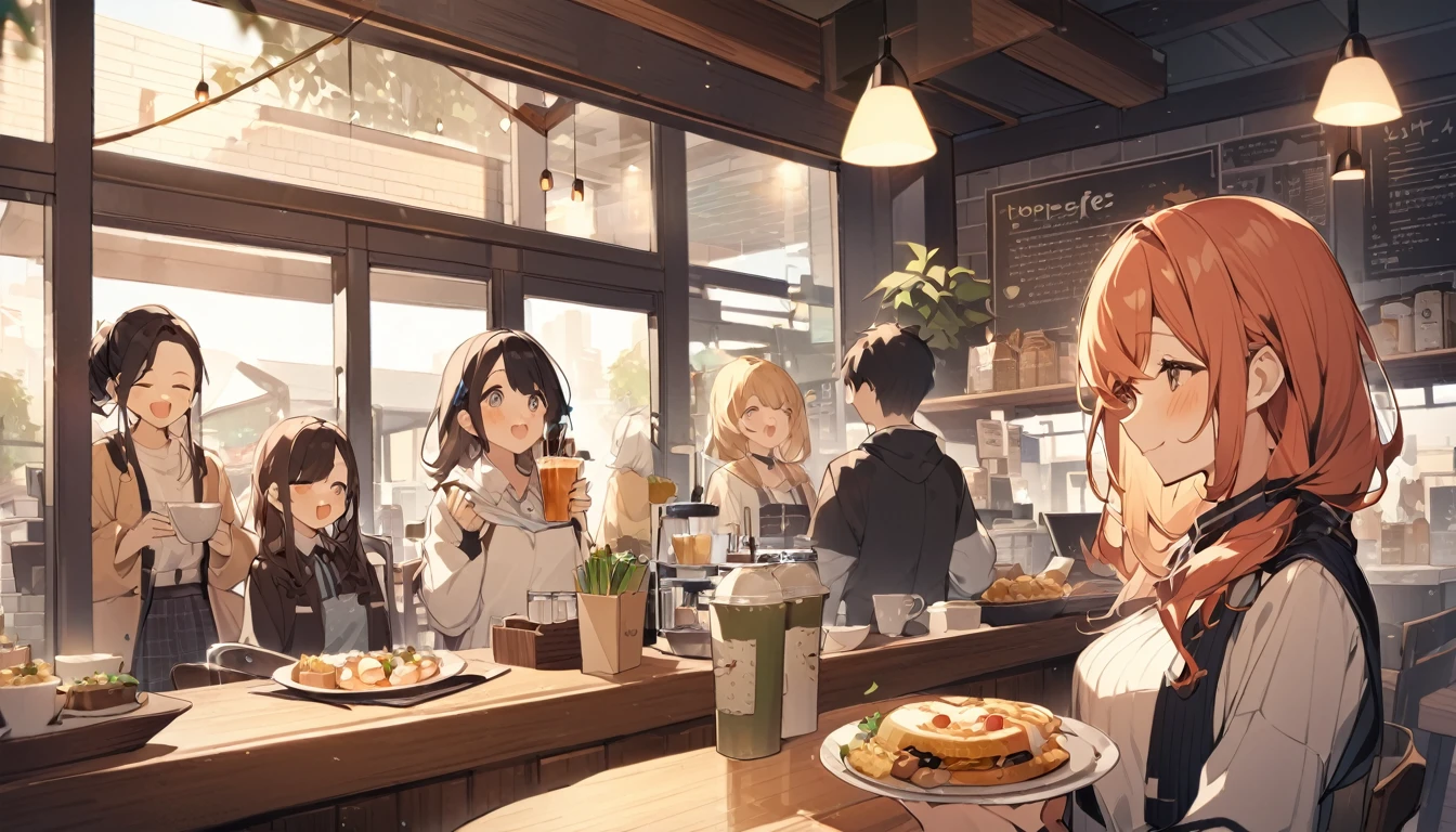 ((woman)), people々, Happy, High resolution, High resolution, 4K,Cafe,5peopleの,indoor,Drink,pixiv,Standing food