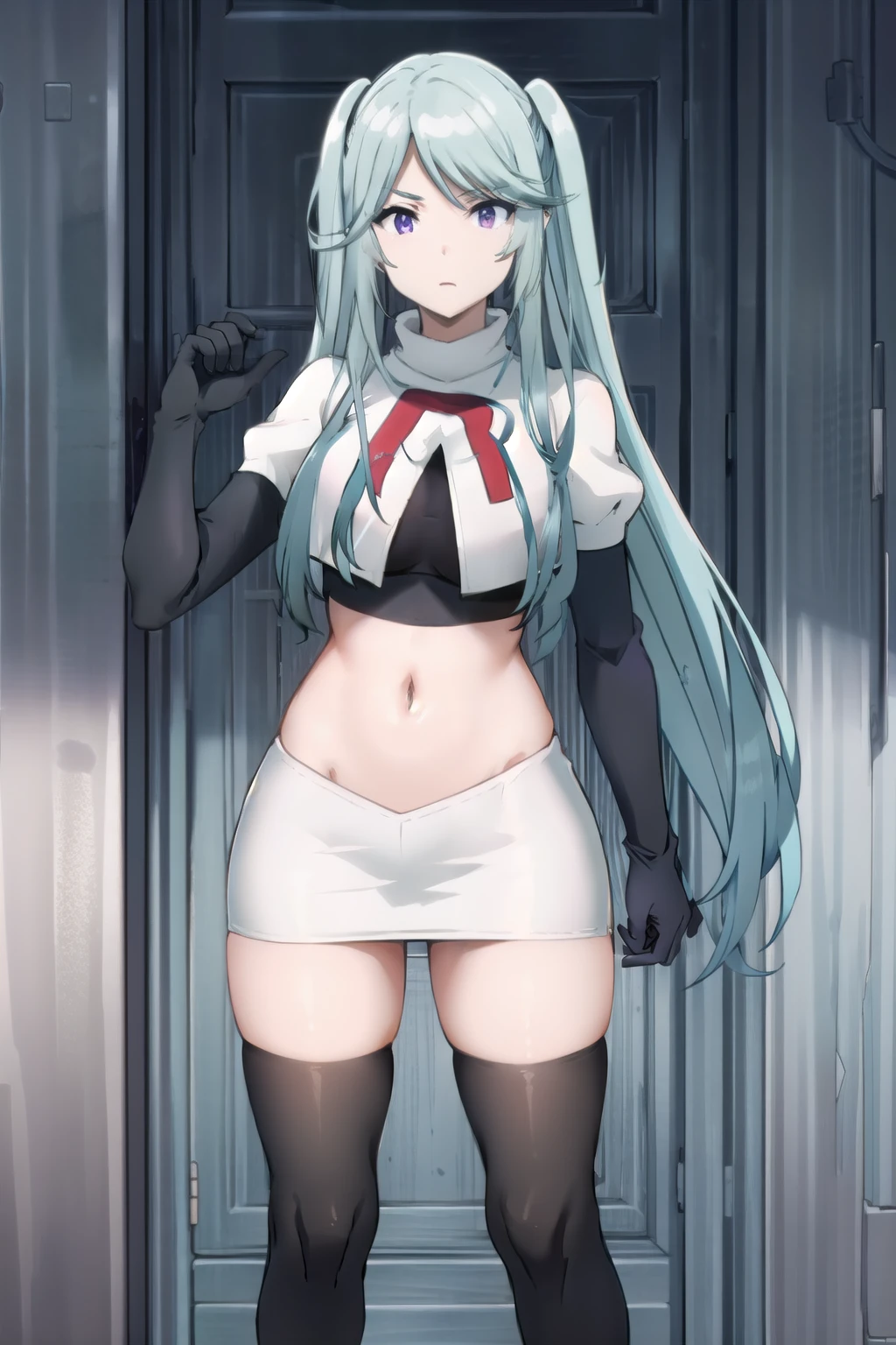 tall body, tall, long legs, mature female, mature, adult, simple background,
eft_eminence_epil, 1girl, twintails, purple eyes, long hair, looking at viewer, solo focus, bangs, blue hair, indoors, very long hair, breasts, sidelocks, team rocket,team rocket uniform,white skirt,red letter R,crop top,black thigh-highs,black elbow gloves