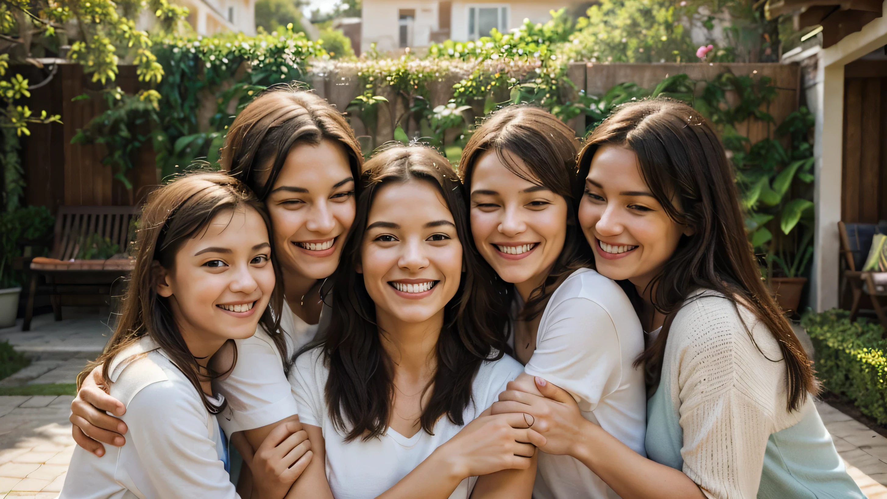 Create a hyperrealistic image of a happy family embracing each other. The family should consist of parents and children, all smiling and radiating joy. The setting can be indoors or outdoors, with warm, natural lighting that enhances the warmth of their connection