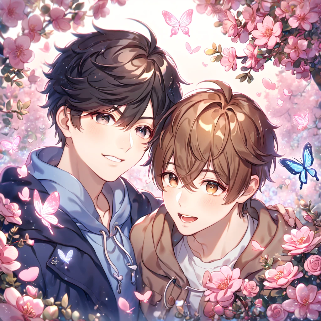 absurdres, highres, ultra detailed, HDR, master piece, best quality, extremely detailed face, delicated features, Zhang Qiling, black hair, expressive gray eyes, Daomu Biji, Wu Xie, brown hair, expressive brown eyes, two sexy men together, yaoi, gay couple, handsome, blue hooded jacket, brown coat, fantasy, magical, pink butterflies, spring, pink leaves, pink flowers, garden