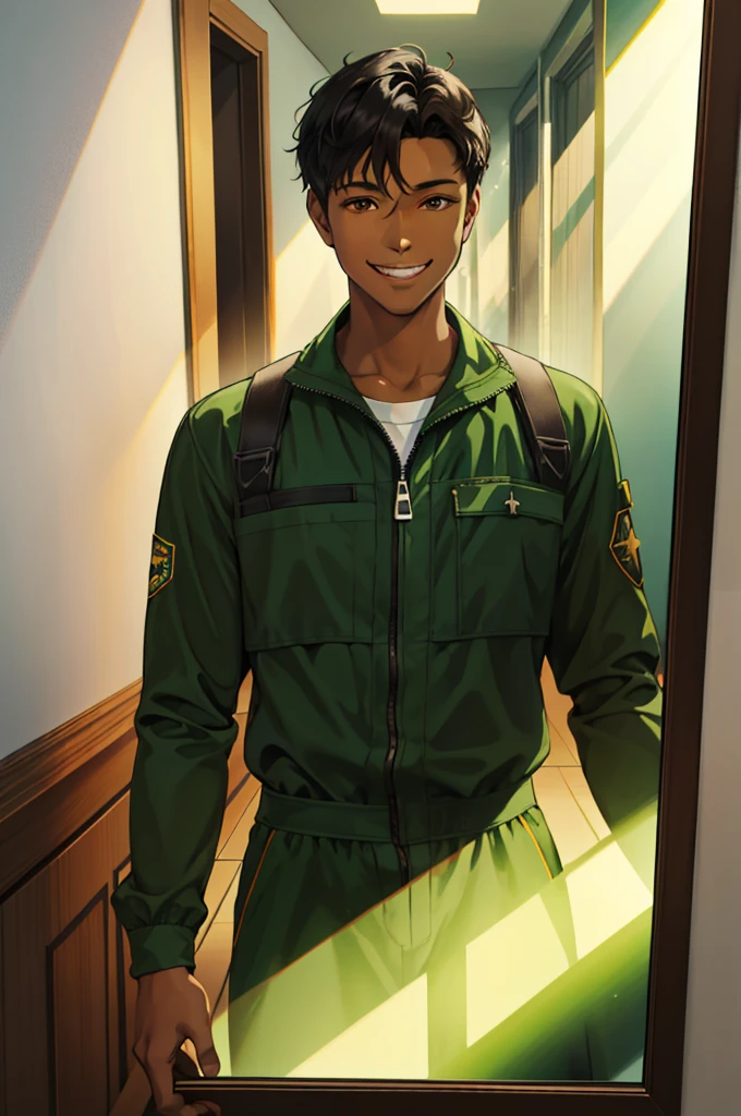 1 man solo, med parted black hair, brown eyes, dark skin, grin, green jumpsuit, upper body pov, in a hallway, Reflection Light, God Rays, Ray Tracing,