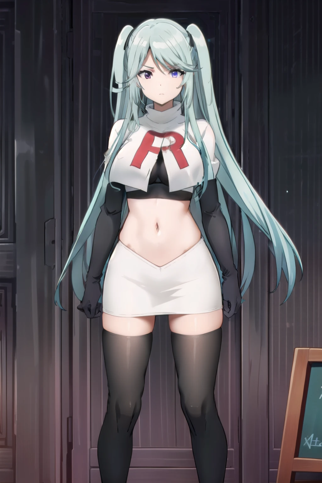 tall body, tall, long legs, mature female, mature, adult, simple background,
eft_eminence_epil, 1girl, twintails, purple eyes, long hair, looking at viewer, solo focus, bangs, blue hair, indoors, very long hair, breasts, sidelocks, team rocket,team rocket uniform,white skirt,red letter R,crop top,black thigh-highs,black elbow gloves