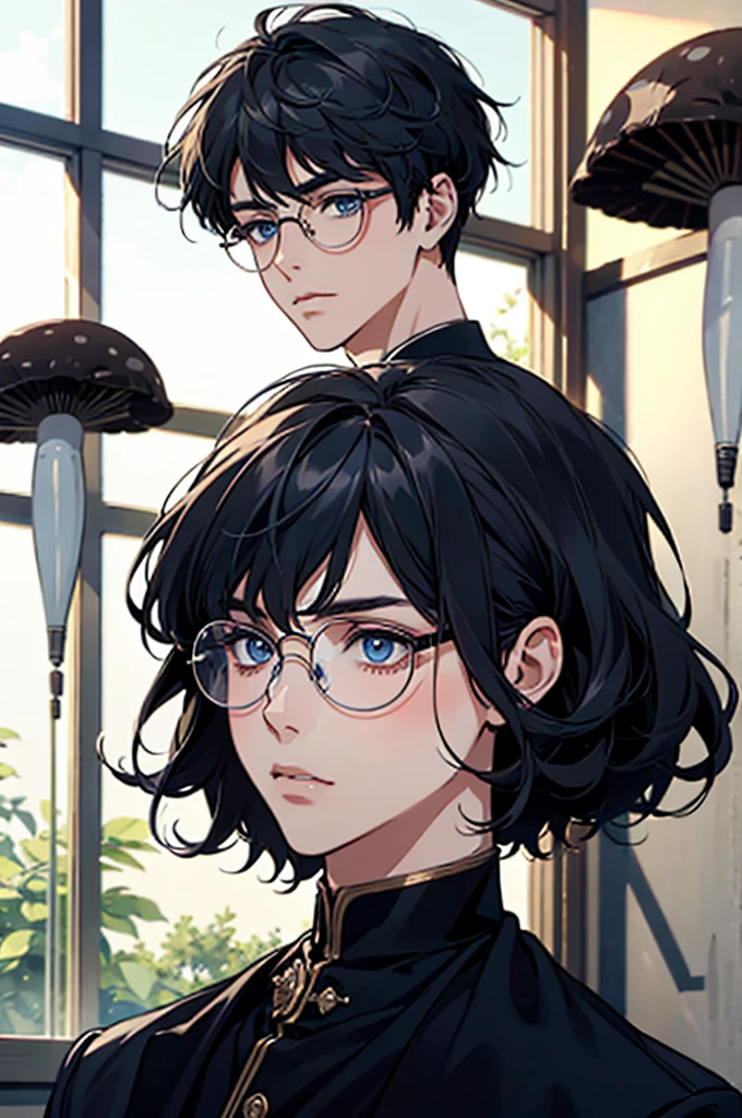 high resolution、masterpiece、Mushroom Hair、Round Glasses、Black Hair、Dark blue eyes、Civil servants、tall、delicate、noble、male