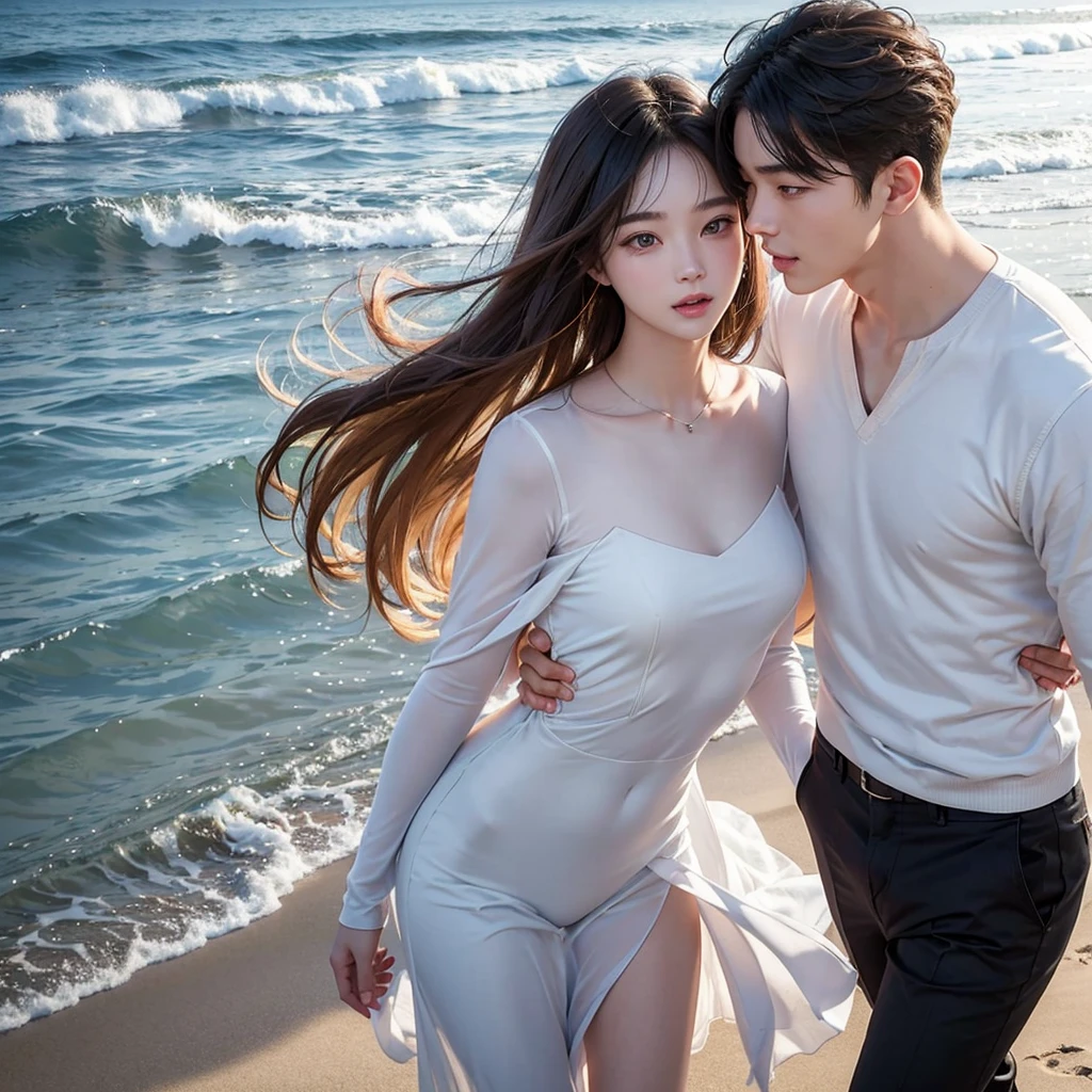 Romantic Couple picture, Korean handsome man  20-year-old Korean man with pale skin, small facial structure, defined jawline, prominently full lips, intense black eyes, distinguished bangs covering the forehead, noticeably broad shoulders, showcasing his athletic build, reminiscent of Jungkook kissing asian woman pale skin, rosy cheeks long blonde hair, vibrant eyes smiling, walking along the beach sand, in the background the blue sea reflecting the sunlight