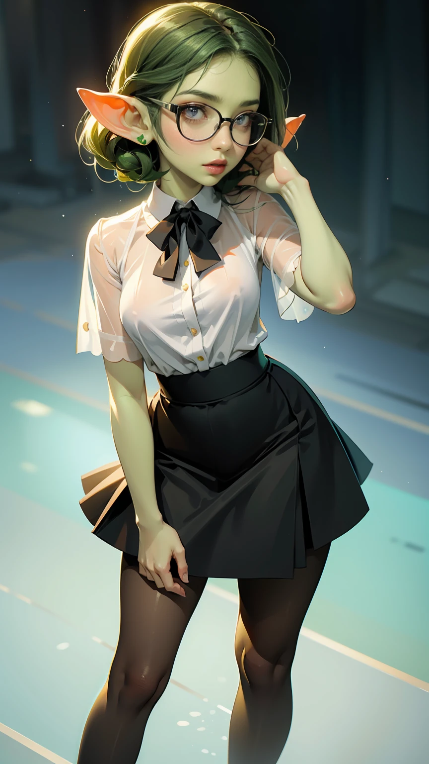 ((best quality)), ((masterpiece)), (detailed), perfect face, ((green skin)), pointy ears, very shy, tiny , wearing black rimmed glasses, short dark hair, wearing white blouse and black skirt and black pantyhod back pumps, simple background, blowing a kiss to the viewer