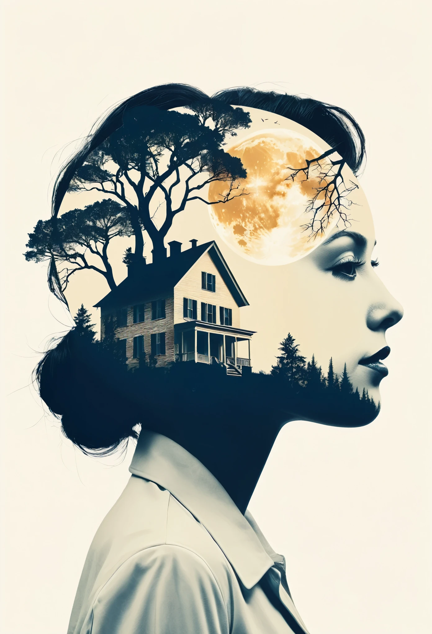 (Double exposure effect:1.5), style of Olly Moss, behance, minimalist, Cream Color background, woman's silhouette head, trees, haunting house in head, surrealism, wicked, smile, exoskeleton, side view, silhouette, moon, key visual, poster art, cosmic galaxy water﻿