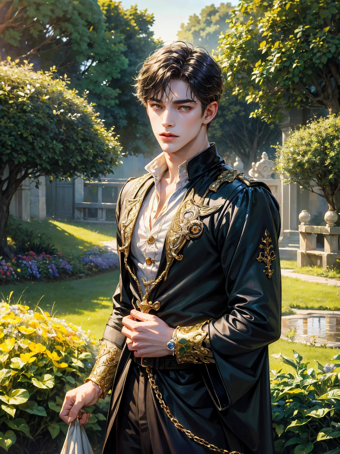 (absurdres, highres, ultra detailed, HDR), masterpiece, best quality, 1 boy , maleficent movie, boy character ,short hair, handsome face, anime eyes,detailed outdoor, detailed character, Farmer outfit, Yellow gold eyes