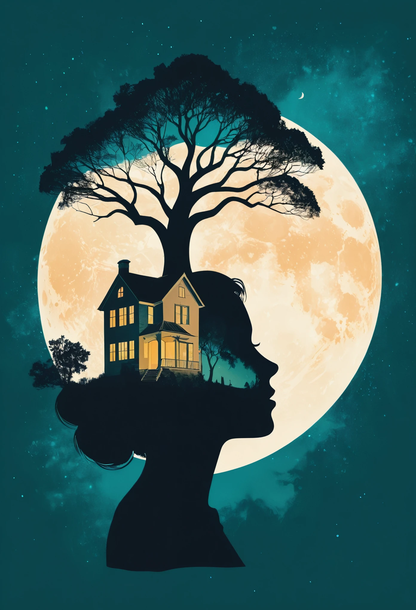 (Double exposure effect:1.5), style of Olly Moss, behance, minimalist, Cream Color background, woman's silhouette head, trees, haunting house in head, surrealism, wicked, smile, exoskeleton, side view, silhouette, moon, key visual, poster art, cosmic galaxy water