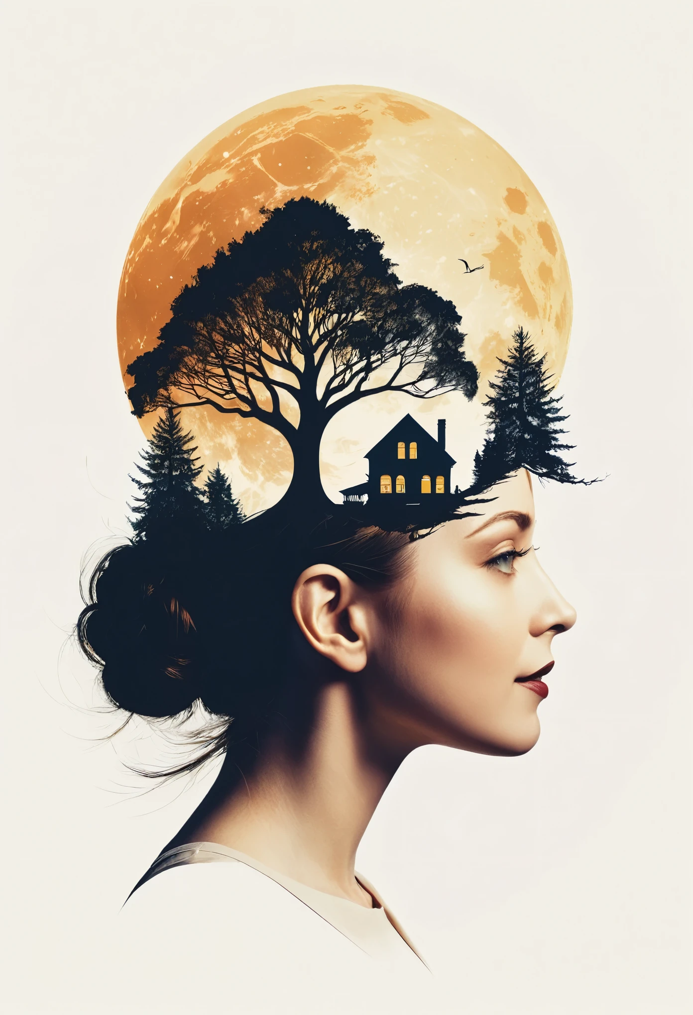 (Double exposure effect:1.5), style of Olly Moss, behance, minimalist, Cream Color background, woman's silhouette head, trees, haunting house in head, surrealism, wicked, smile, exoskeleton, side view, silhouette, moon, key visual, poster art, cosmic galaxy water﻿