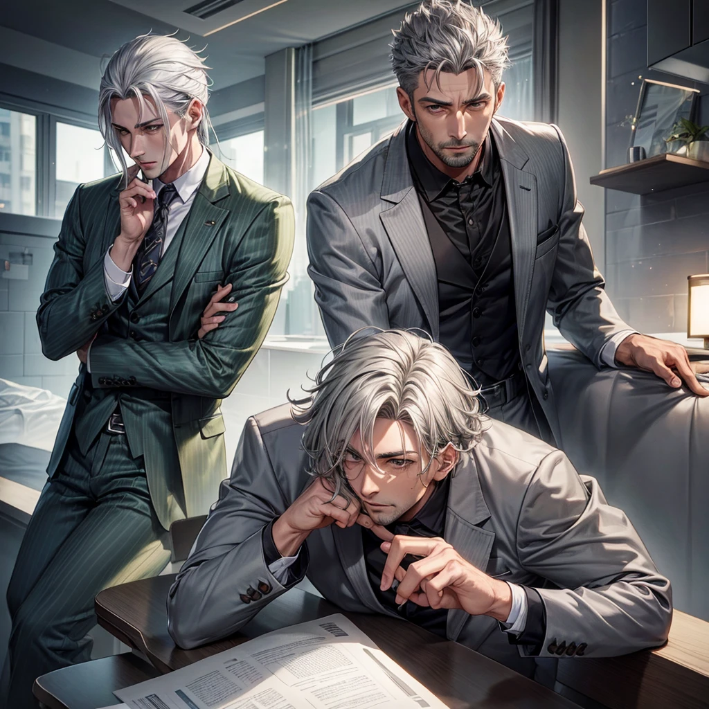 Male in his thirties, starting grey hair, lithe, light skin, green suit
