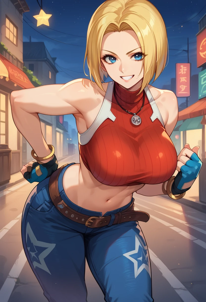 score_9, score_8_up, score_7_up, 1girl, solo, BlueMary, short hair, blue eyes,pants, crop top, turtleneck, belt, large breasts, necklace,fingerless gloves, standing, fists, on the hips, leaning forward, grin, star on pant, standing, looking at you, night, street, illimunated city
