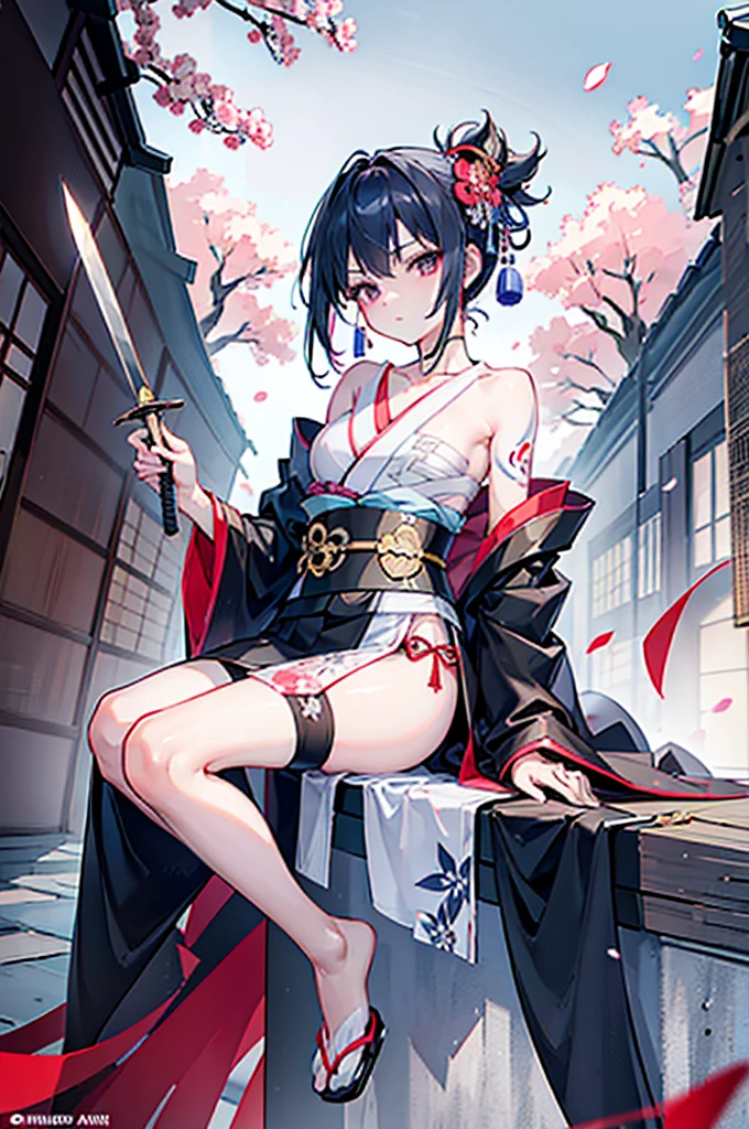 ((roll up bandage sideways on a chest tightly to cover the chest without gaps)), bandage samweways, the bantage is no chest shape, flat chest, ((Japanese Gangster BOSS)), adult woman with the dignified presence, Killing Qi, wear nothing around shoulder, wear nothing around neck, wear the kimono, wear it below the waist, (I wind it up to control it, and to attach it), ((kimono come off)) ,wear the kimono multiple times, Bare shoulders and the clavicle, black and gold kimono, put on over jacket of kimono, (holding a japanese sword which shine in purple, The handole of the sword is black, and the blade is gray, long sword), eye fire, low angle, whole body, bandage is seen, anime character, Glaring, off sholder, nappropriate smile, Excellent, black blue hair, can see both shoulder, long hem, small face, ((some cherry blossam big tattoo on the arm)),((Sit with your legs folded)), ((background Japanese gate with circlr mark)),Muscular,drink sake,fullmoon in the sky, The kimono is spreading