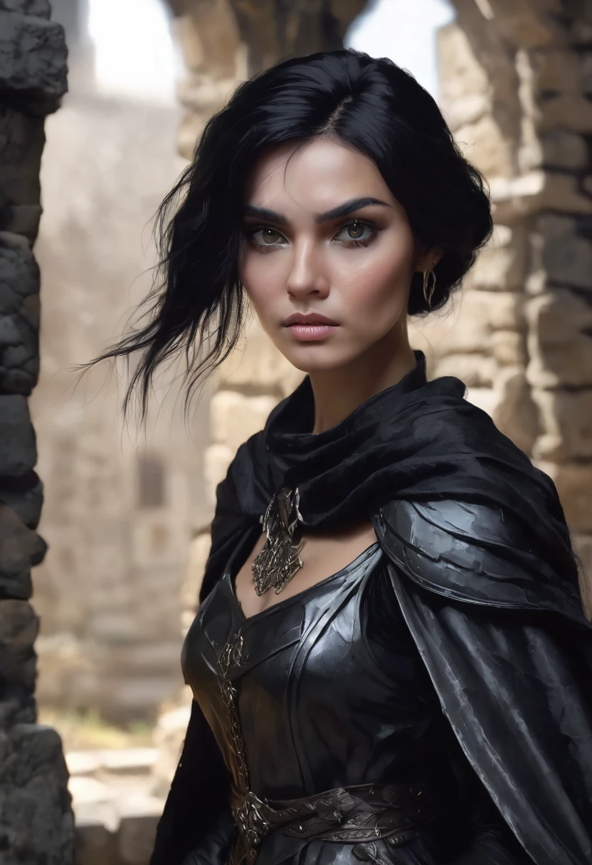 1 woman, she is a witch, inside a dark and gloomy castle made of stones, wearing armor with a black cloth cape around it, detailed facial features, thick eyebrows, light feminine eyes, detailed tan skin, dark woman, messy black hair, dramatic lighting, cinematic composition, dark palette, dark colors, atmospheric haze, thin chin, serious face, soft face, thin unattractive woman, average beauty (best quality, 4K, 8K, high resolution, art: 1.2), ultra detailed (realistic, photorealistic, photorealistic: 1.37)