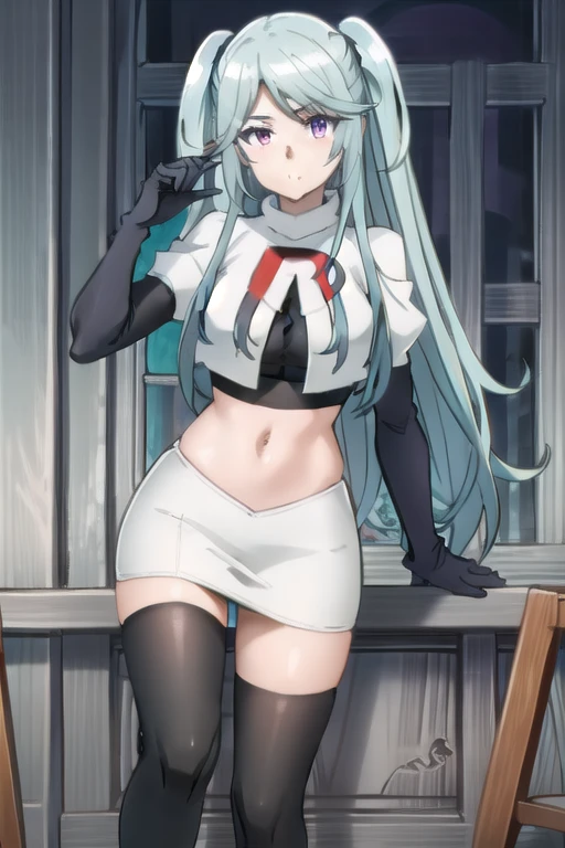 tall body, tall, long legs, mature female, mature, adult, simple background,
 eft_eminence_epil, 1girl, twintails, purple eyes, long hair, looking at viewer, solo focus, bangs, blue hair, indoors, very long hair, breasts, sidelocks, team rocket,team rocket uniform,white skirt,red letter R,crop top,black thigh-highs,black elbow gloves