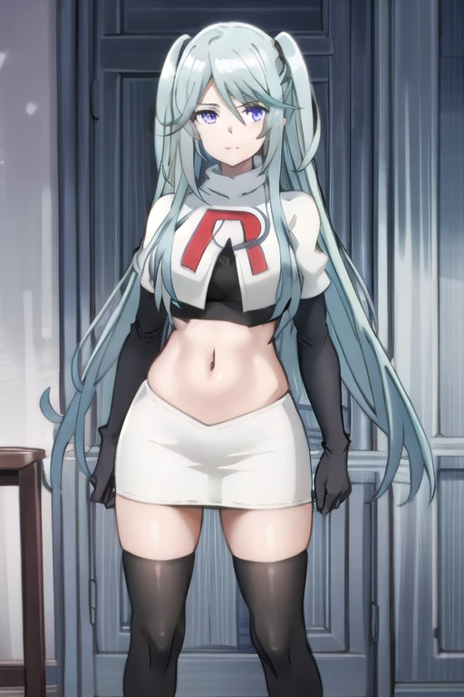 tall body, tall, long legs, mature female, mature, adult, simple background,
 eft_eminence_epil, 1girl, twintails, purple eyes, long hair, looking at viewer, solo focus, bangs, blue hair, indoors, very long hair, breasts, sidelocks, team rocket,team rocket uniform,white skirt,red letter R,crop top,black thigh-highs,black elbow gloves