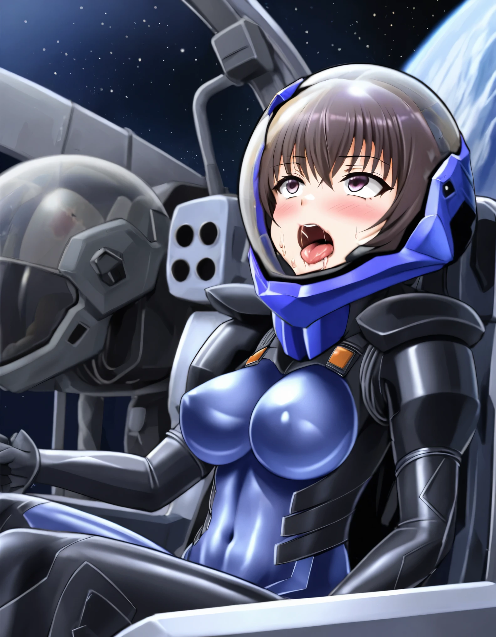 ((Female pilot in the cockpit of a reconnaissance plane), (airplane cockpit), (in flight), (10000 feet altitude)、(sky view):1.7),, short hair, street, emo, BLACK hair, white eyes, eyeliner, apocalypse, girl, nside the (cockpit:1.9) of a (futuristic spaceship:1.6), , blush,sitting on a chair, covered navel, space helmet, muvluv, space helm, plug suit , space helmet, eva helm, space suit, short hair, from side, blue bodysuit,ahegao, rolling eyes,saliva, drooling,