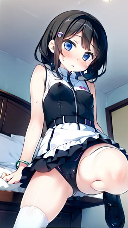 (Highest quality), (masterpiece), 1080P, High resolution, 4K, 8k, Thigh straps, Shooting from directly below, The woman on top of me, Nipples, 白いSweat, Covered , Sweat, Woman looking down, Micro Bikini, Skirt swimsuit, Thigh-high socks, To achieve this, , Small breasts, whole body, Black leather shoes, Braided hair, Inner Color, Embarrassed face, Short black hair, bracelet, Bedroom,celestial body_Vest