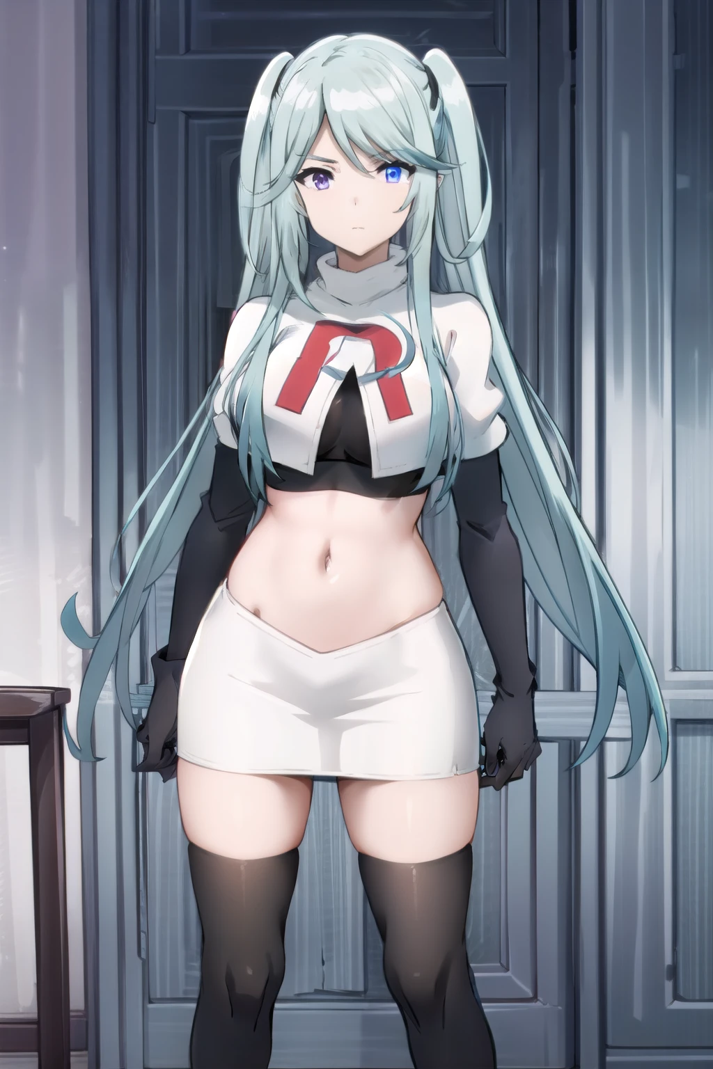 tall body, tall, long legs, mature female, mature, adult, simple background,
 eft_eminence_epil, 1girl, twintails, purple eyes, long hair, looking at viewer, solo focus, bangs, blue hair, indoors, very long hair, breasts, sidelocks, team rocket,team rocket uniform,white skirt,red letter R,crop top,black thigh-highs,black elbow gloves