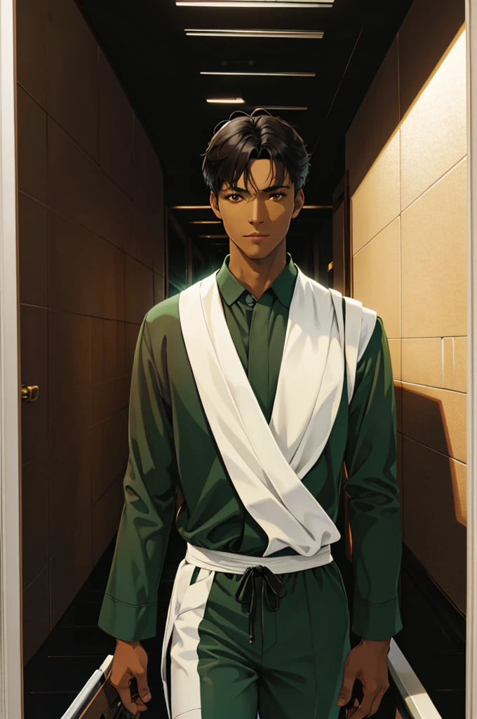 1 man solo, med parted black hair, brown eyes, dark skin, green jumpsuit, upper body pov, in a hallway, Reflection Light, God Rays, Ray Tracing,