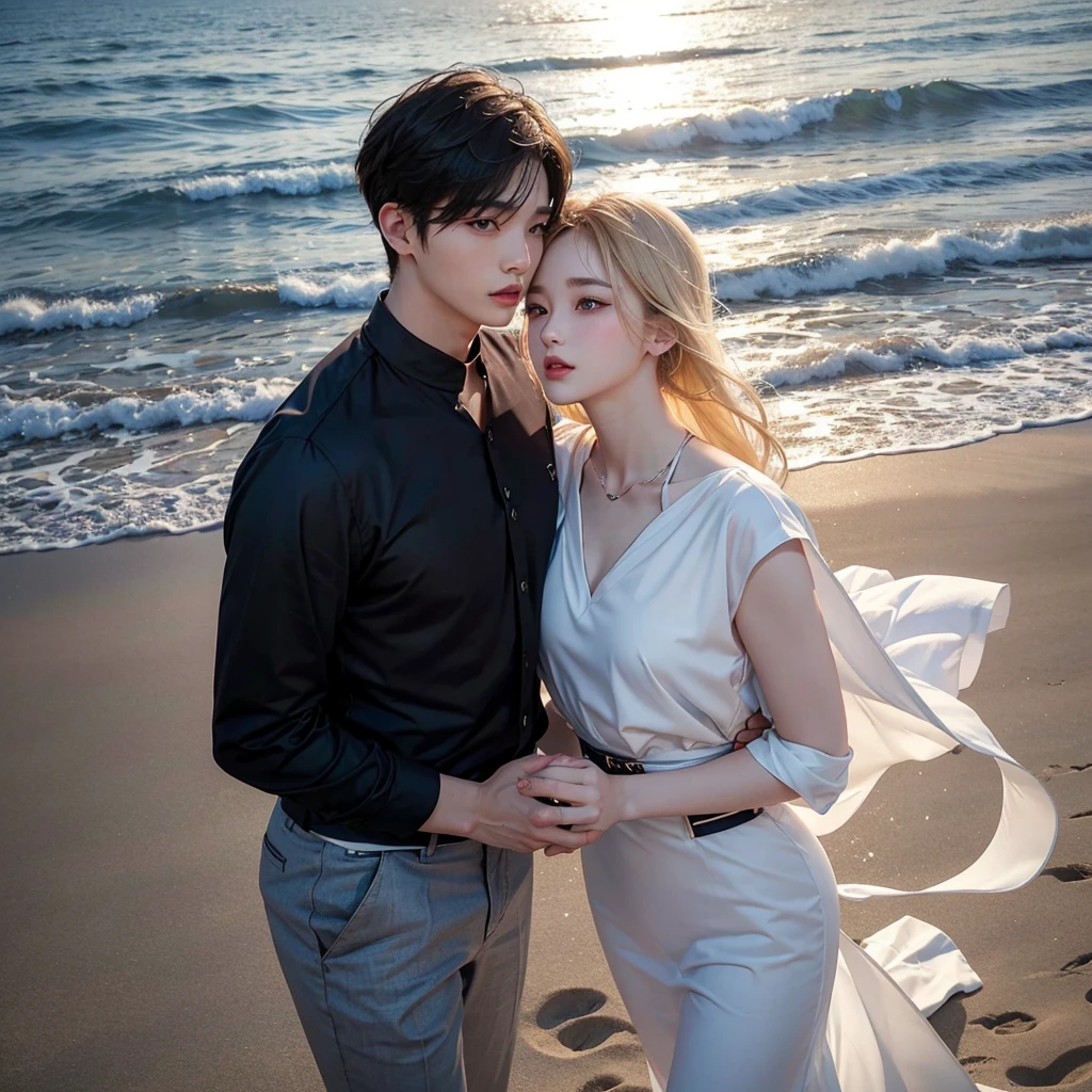 Romantic kissing Couple picture, Korean handsome man  20-year-old Korean man with pale skin, small facial structure, defined jawline, prominently full lips, intense black eyes, distinguished bangs covering the forehead, noticeably broad shoulders, showcasing his athletic build, reminiscent of Jungkook, blonde asian woman pale skin, rosy cheeks, vibrant eyes smiling, walking along the beach sand, in the background the blue sea reflecting the sunlight