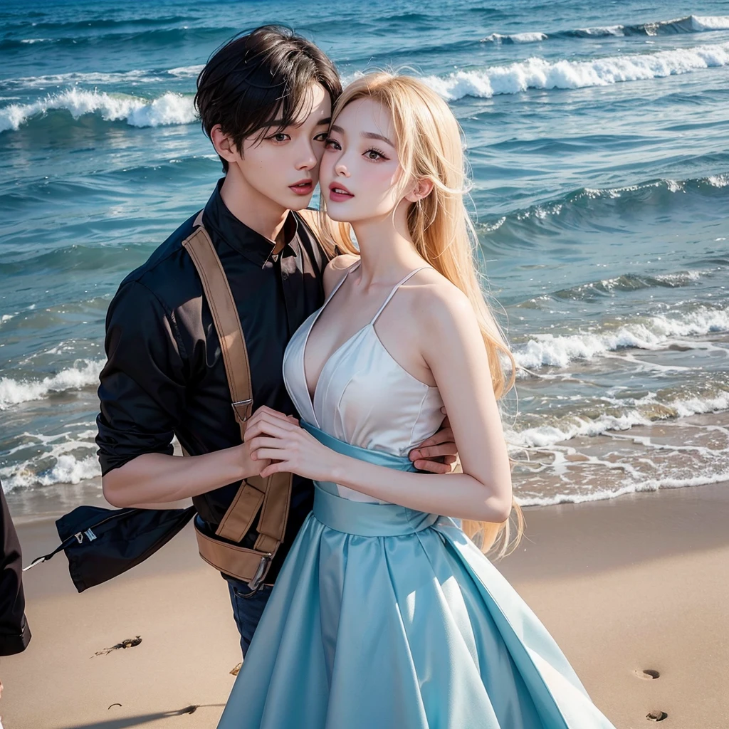 Romantic kissing Couple picture, Korean handsome man 20-year-old Korean man with pale skin, small facial structure, defined jawline, prominently full lips, intense black eyes, distinguished bangs covering the forehead, noticeably broad shoulders, showcasing his athletic build, reminiscent of Jungkook, blonde asian woman pale skin, rosy cheeks, vibrant eyes smiling, walking along the beach sand, in the background the blue sea reflecting the sunlight