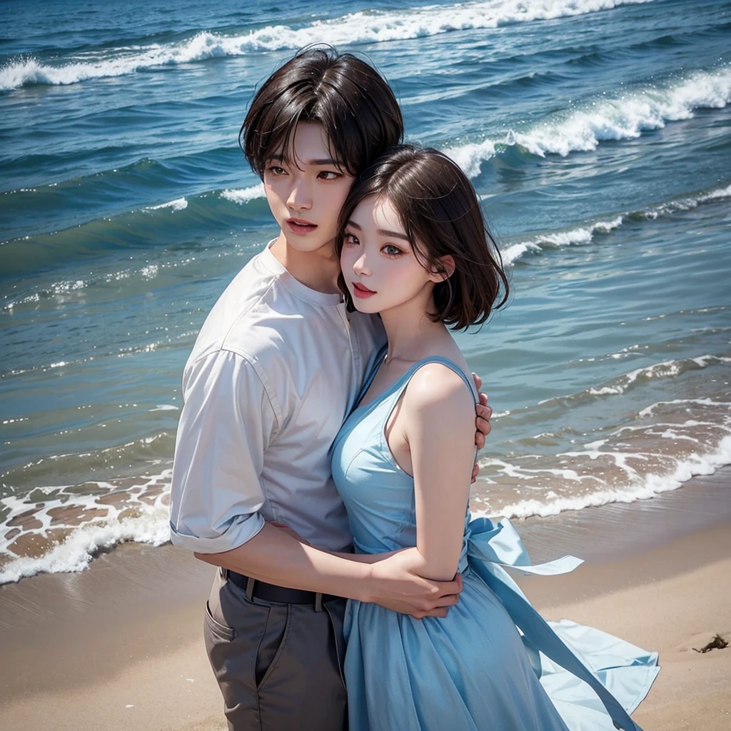 Romantic kissing Couple picture, Korean handsome man 20-year-old Korean man with pale skin, small facial structure, defined jawline, prominently full lips, intense black eyes, distinguished bangs covering the forehead, noticeably broad shoulders, showcasing his athletic build, reminiscent of Jungkook, blonde asian woman pale skin, rosy cheeks, vibrant eyes smiling, walking along the beach sand, in the background the blue sea reflecting the sunlight
