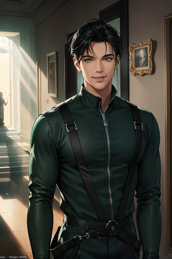1 man, detailed facial features, beautiful eyes, beautiful lips, longeyelashes, handsome man, medium parted black hair, dark skin, warm smile, green jumpsuit, upper body pov, hallway, reflection light, god rays, ray tracing, volumetric lighting, cinematic lighting, dramatic lighting, photorealistic, realistic, 8k, ultra detailed, masterpiece, concept art
