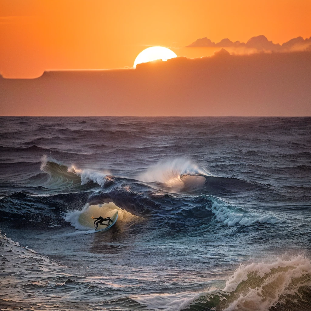surfers are riding waves in the ocean at sunset with the sun setting, chaotic sea setting, fades to the horizon, as the sun sets on the horizon, turbulence, apocalyptic tumultuous sea, the sun on the horizon, ocean, sun down, sea, torment and waves, sundown, by Mathias Kollros, sunset, a photo of the ocean