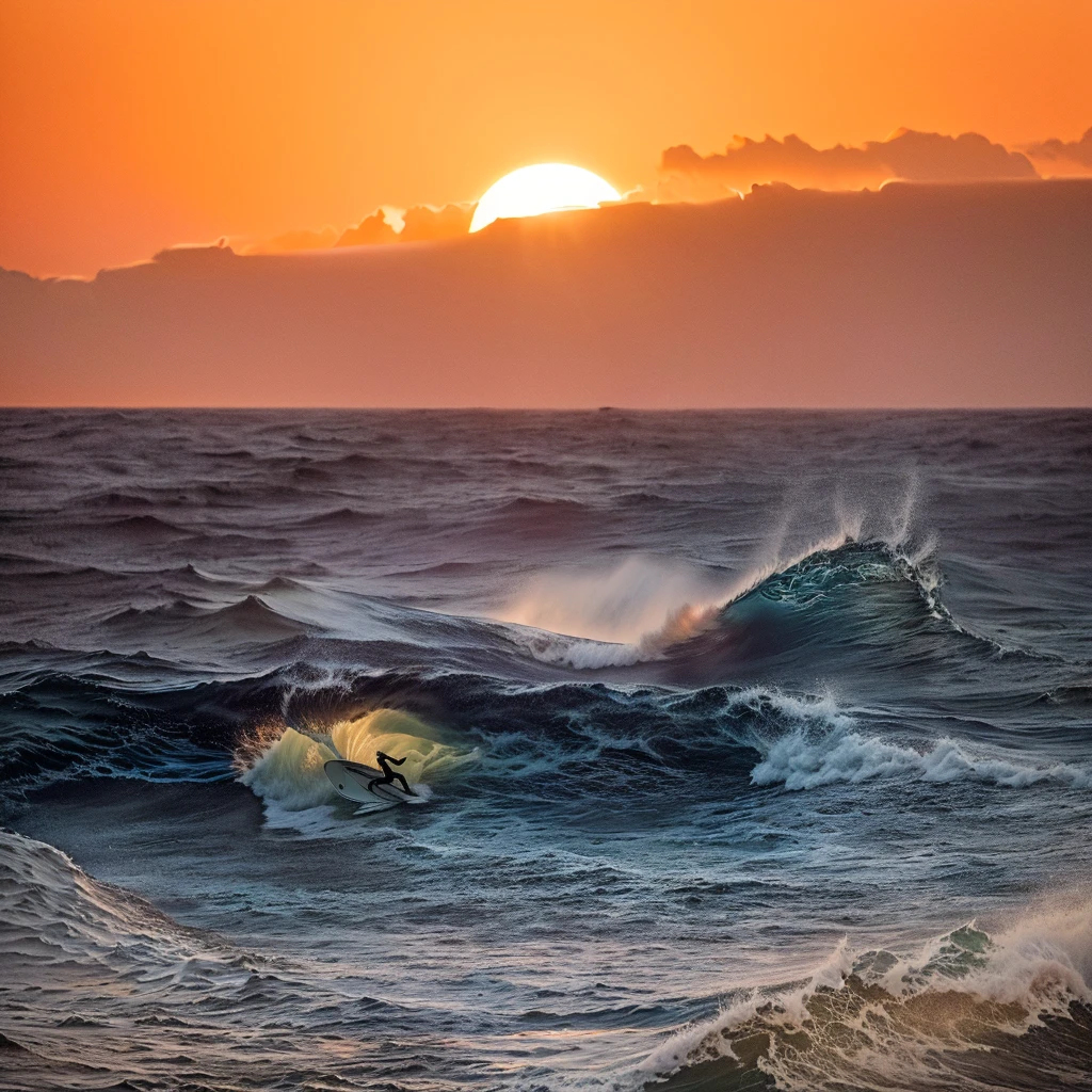surfers are riding waves in the ocean at sunset with the sun setting, chaotic sea setting, fades to the horizon, as the sun sets on the horizon, turbulence, apocalyptic tumultuous sea, the sun on the horizon, ocean, sun down, sea, torment and waves, sundown, by Mathias Kollros, sunset, a photo of the ocean