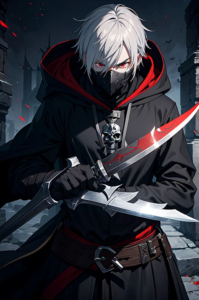 An assassin, male, fantasy character, physically strong, wearing a skull mask covering his face and eyes, dressed in black medieval attire, with a white hooded cloak over it, gray hair, short hair, red eyes, holding a dagger, nighttime background.