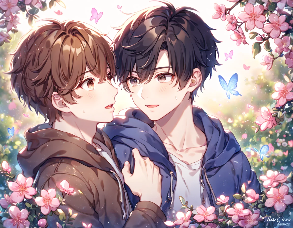absurdres, highres, ultra detailed, HDR, master piece, best quality, extremely detailed face, delicated features, Zhang Qiling, black hair, expressive gray eyes, The Lost Tomb, Wu Xie, brown hair, expressive brown eyes, two sexy men together, yaoi, gay couple, handsome, blue hooded jacket, brown coat, fantasy, magical, pink butterflies, spring, pink leaves, pink flowers, garden