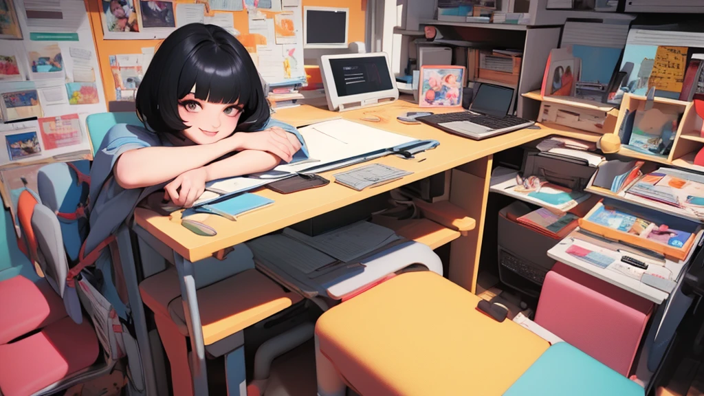 (Masterpiece, best quality), beautiful woman,black hair,short hair,pinch, asymmetrical bangs, bare chest, perfect face, beautiful face, draw, beautiful big eyes, big breasts, smile, perfect body,sit,chair,Deluxe bedroom, Bright colors, (3D image)