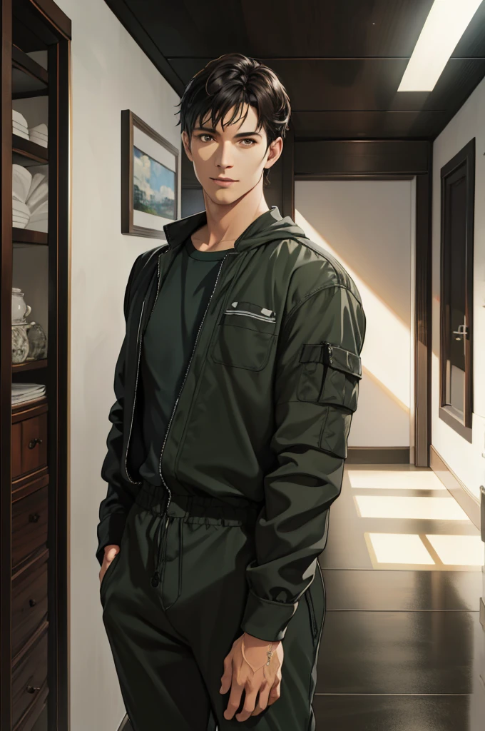 1 man, detailed facial features, beautiful brown eyes, dark skin, medium parted black hair, green jumpsuit, upper body pov, hallway, Reflection Light, God Rays, Ray Tracing, (best quality,4k,8k,highres,masterpiece:1.2),ultra-detailed,(realistic,photorealistic,photo-realistic:1.37),cinematic lighting,hyper detailed digital painting,dramatic lighting,moody atmosphere,vibrant colors