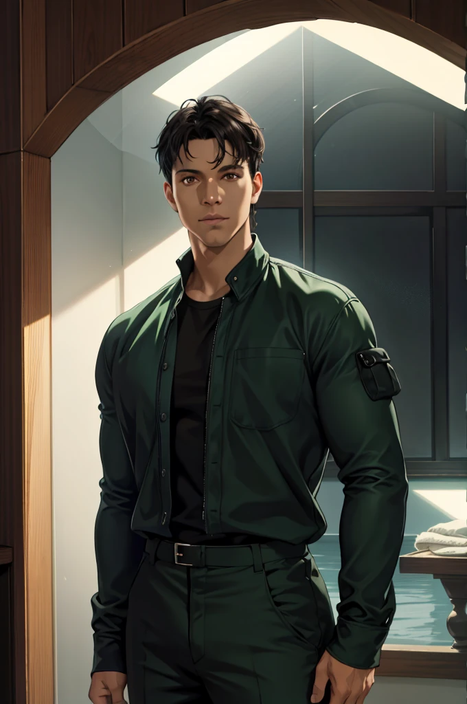 1 man, detailed facial features, beautiful brown eyes, dark skin, medium parted black hair, green jumpsuit, upper body pov, hallway, Reflection Light, God Rays, Ray Tracing, (best quality,4k,8k,highres,masterpiece:1.2),ultra-detailed,(realistic,photorealistic,photo-realistic:1.37),cinematic lighting,hyper detailed digital painting,dramatic lighting,moody atmosphere,vibrant colors